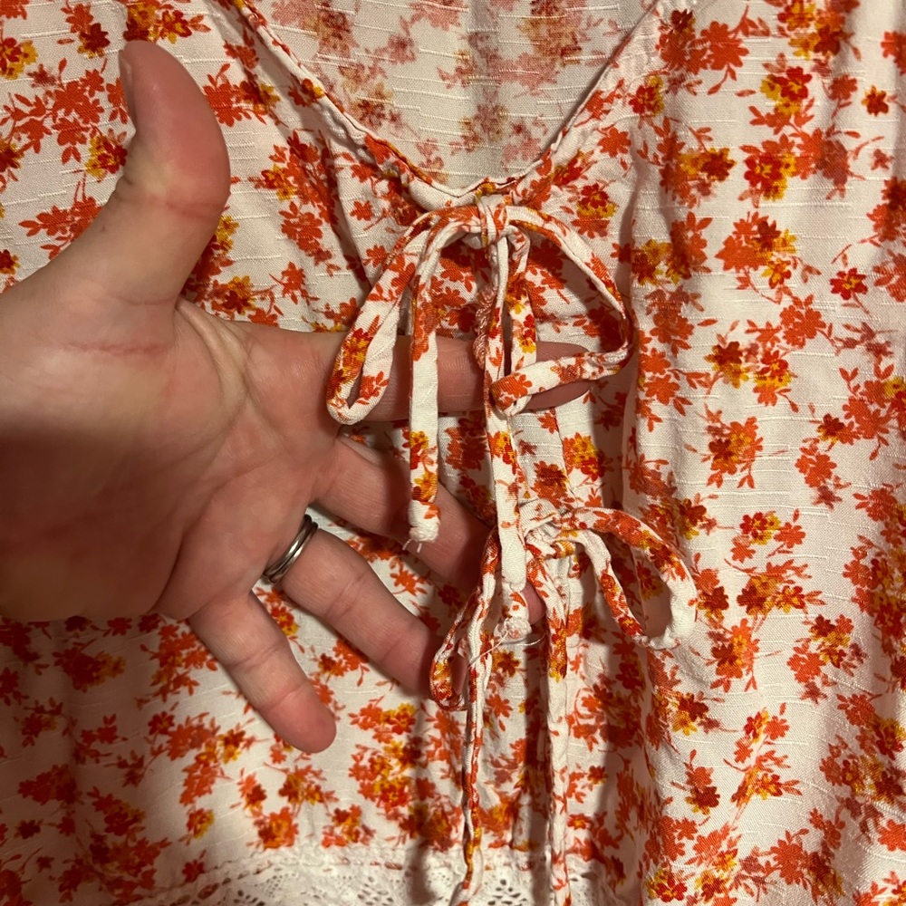 Maurices Red, Orange, and White Floral Blouse with Lace Trim - Picture 3 of 6